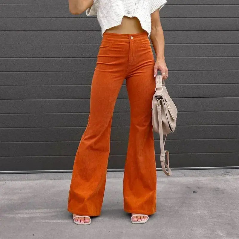 Women Pants Elegant Corduroy Autumn Winter Fashion Slim Casual Female New Solid Mid-waist Street Long Flare Clothing Lugentolo - Lady T Fashions
