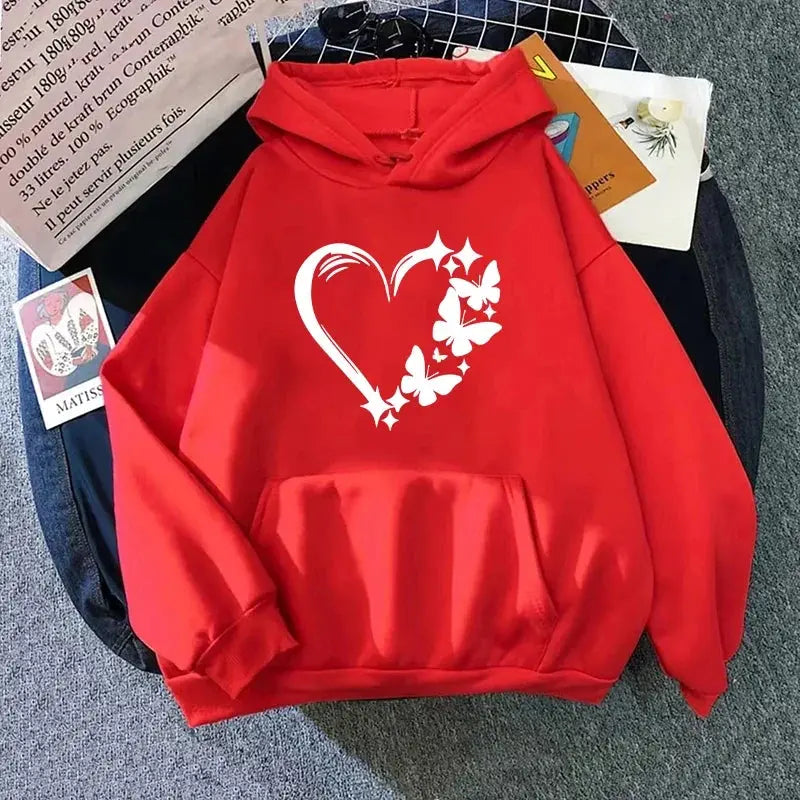 Heart Printed Hoodies for Woman Autumn Winter Daily Casual Sporty Hooded Sweatshirts Female Home Outdoor Comfort Loose Pullover - Lady T Fashions