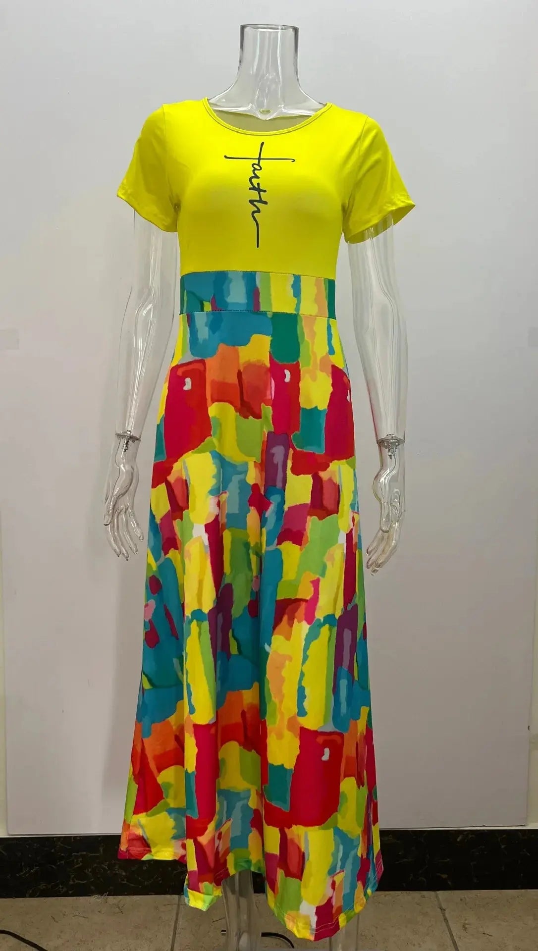 Plus Size European and American  women's cross-border summer new casual printed patchwork short sleeved dresses - Lady T Fashions