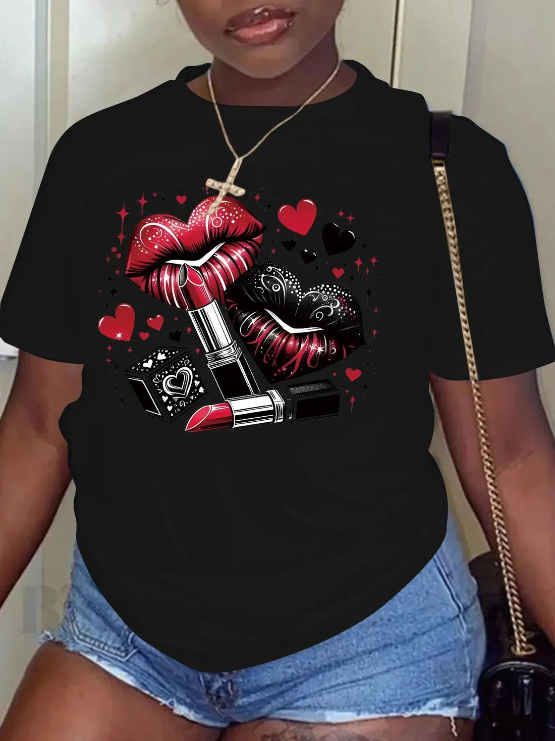 Women Plus Size Clothing Summer Round Neck Short Sleeve Printed Love Lips Lipstick Fashion Plus Size T-Shirts Y2k Top - Lady T Fashions