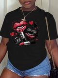 Women Plus Size Clothing Summer Round Neck Short Sleeve Printed Love Lips Lipstick Fashion Plus Size T-Shirts Y2k Top - Lady T Fashions