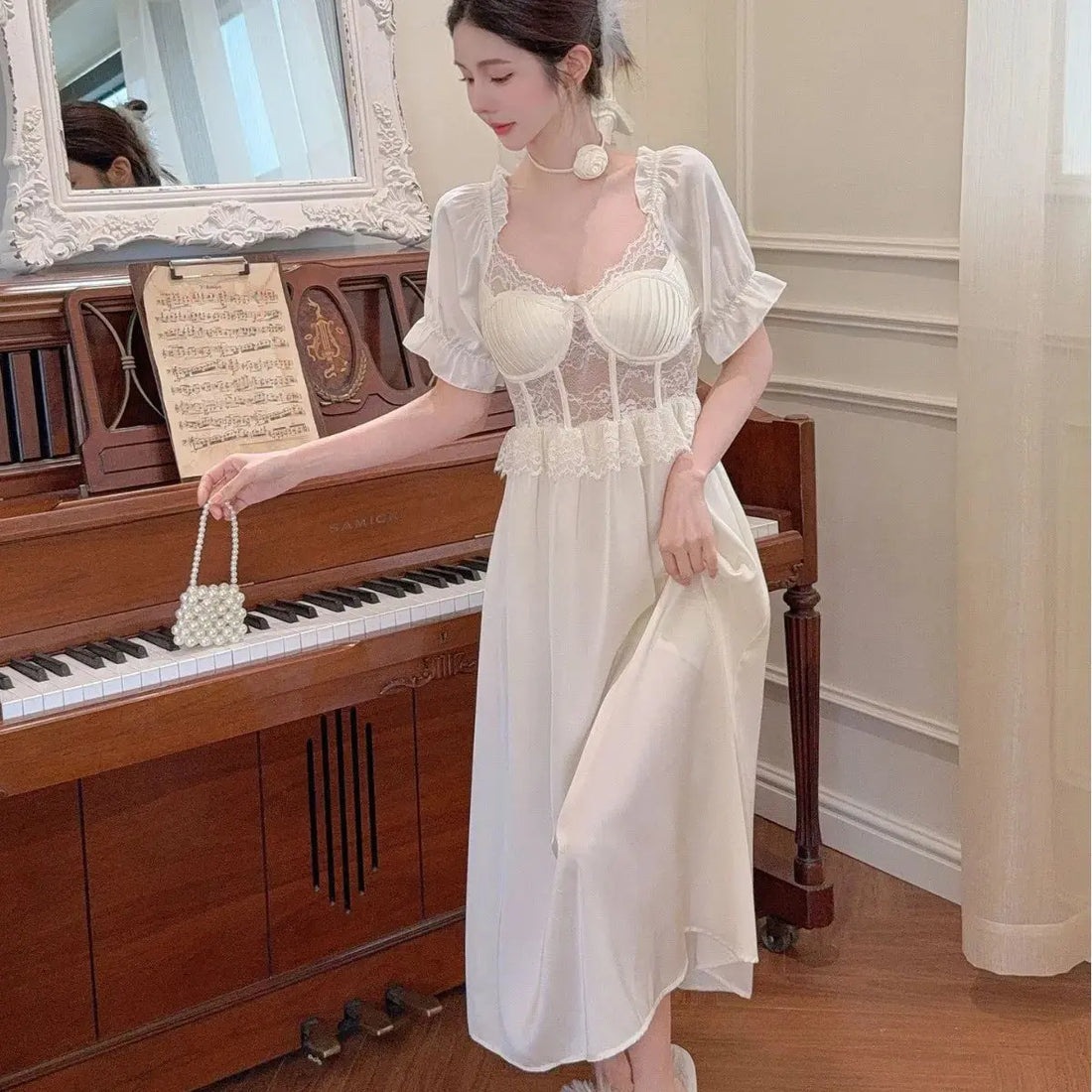 Women Long Nightgown Sleepwear Elegant Retro Court Style Nightdress Home Dressing Gown Spring Summer Rayon Sexy Lace Loungewear - Lady T Fashions