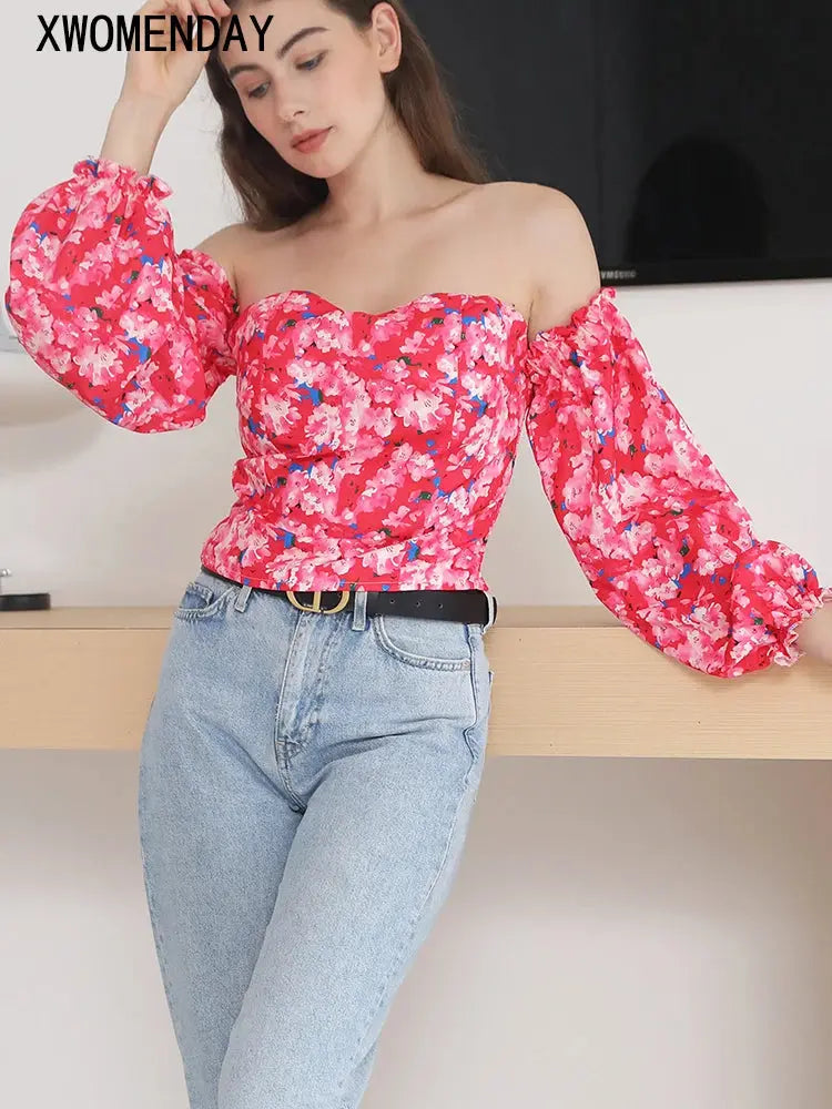 Elegant Floral Blouses For Women Sexy Backless Off Shoulder Crop Top Youth White Blouse Fashion Summer Women Clothing 2024 - Lady T Fashions