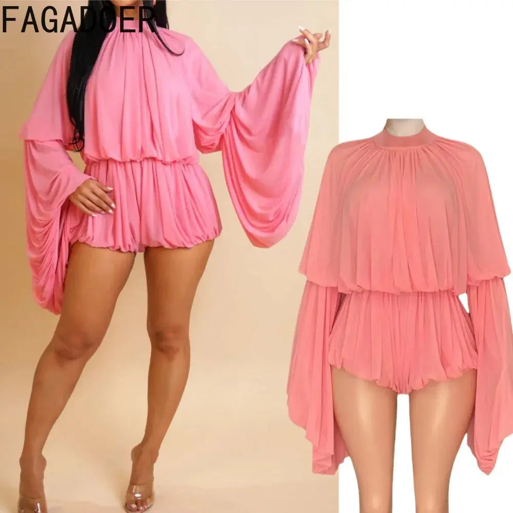 FAGADOER Fashion Mesh Bodycon Rompers Women Round Neck Flare Sleeve Ruched Patchwork Jumpsuit Female Streetwear Overalls New - Lady T Fashions