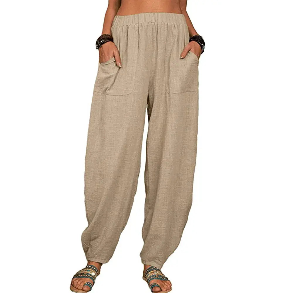 Women Harem Pants Summer Casual Vintage Cotton Linen Pants Elastic Waist Wide Leg Retro Loose Pockets Female Mom Trousers S-5XL Lady T Fashions