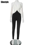Shestyle Backless Sleeveless Jumpsuits for Women Chest Wrapping V Neck Cross Panelled Bodycon Work Out Fitness Outfits Summer - Lady T Fashions