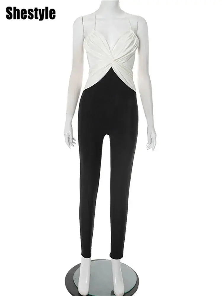 Shestyle Backless Sleeveless Jumpsuits for Women Chest Wrapping V Neck Cross Panelled Bodycon Work Out Fitness Outfits Summer - Lady T Fashions