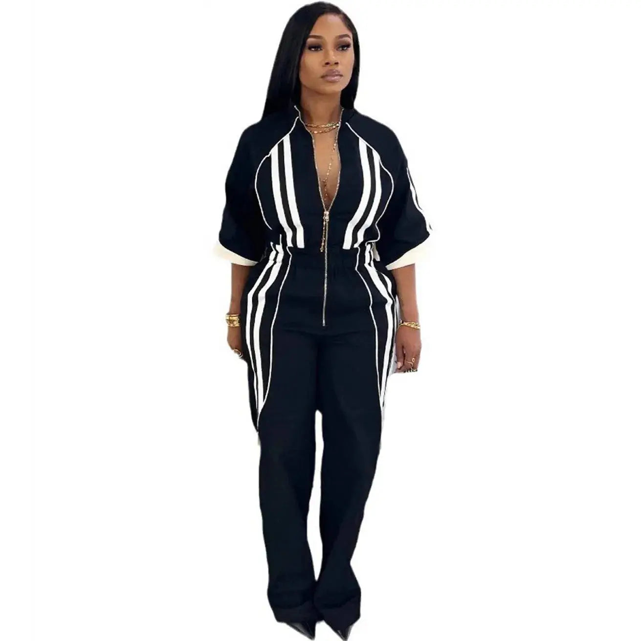 Women Jumpsuits For Spring 3/4 Sleeve Print Stripe Loose Fashion Streetwear Overalls Wide Leg Pants Trousers 2025 Summer - Lady T Fashions