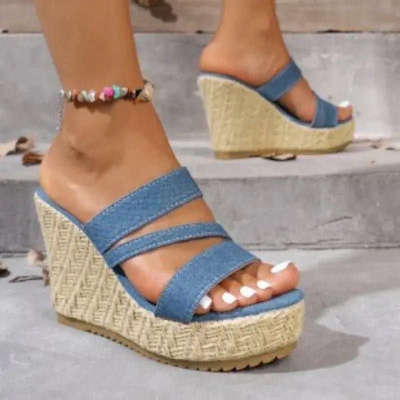 2025 Summer NewPlus-size Wedge Sandal Lady Cowboy Simple Commuting Muffin Bottom Summer Slope with Sandals Women High Heels - Lady T Fashions