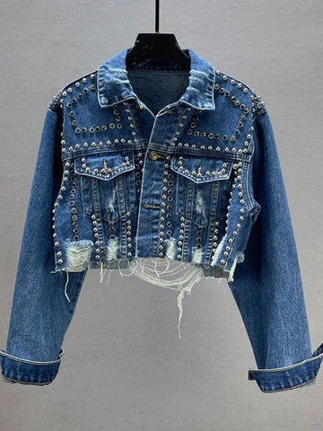 Womens Denim Jacket 2024 Spring Summer New in Heavy Industry Rivet Studded Jean Jacket Women Worn Nail Bead Jean Jacket Top - Lady T Fashions