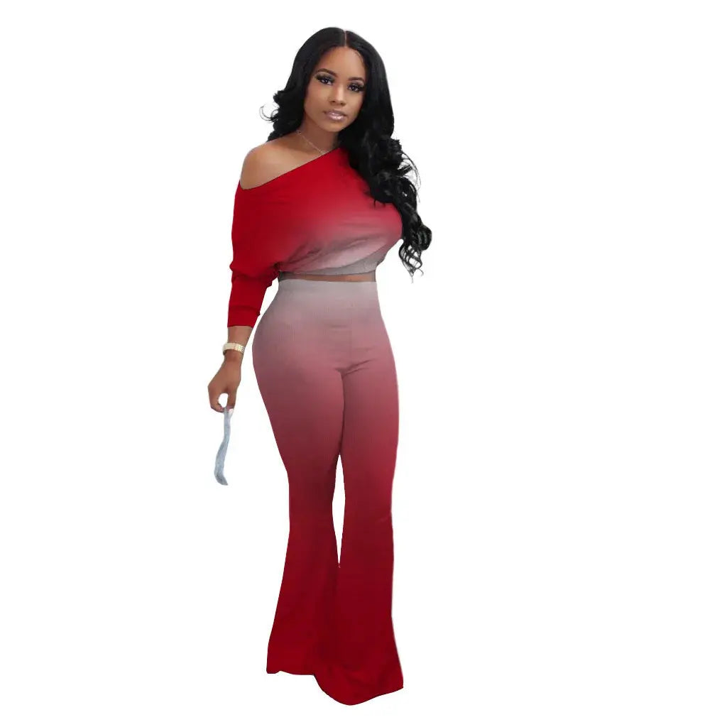 Women's long pants set gradient color solid color sloping shoulder top slim fit flared pants home wear two-piece set plus size - Lady T Fashions
