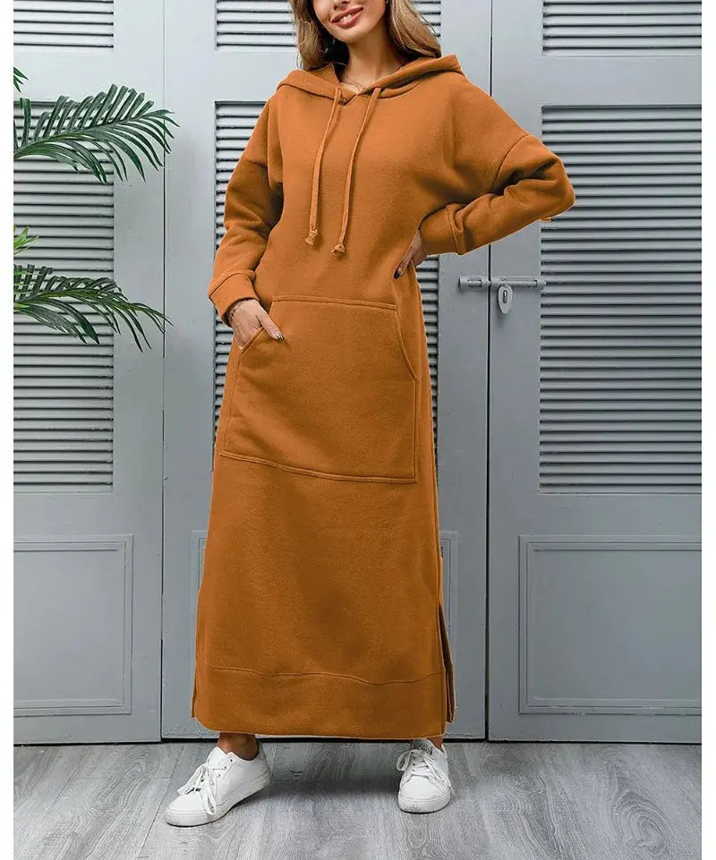 Hoodies Dress for Women Fashion  2024 Hem Lace-up Midi Robe Hooded Long Vestidos Winter Warm Casual Loose Sweatshirt Dress - Lady T Fashions