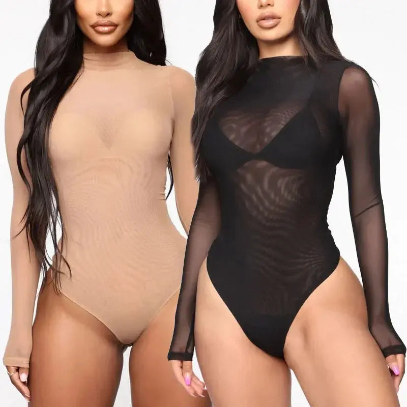 Fashion Ladies Sheer Transparent Bodysuit For Women Summer Solid Color Long Sleeve Jumpsuits Bodysuits Female Clothing - Lady T Fashions