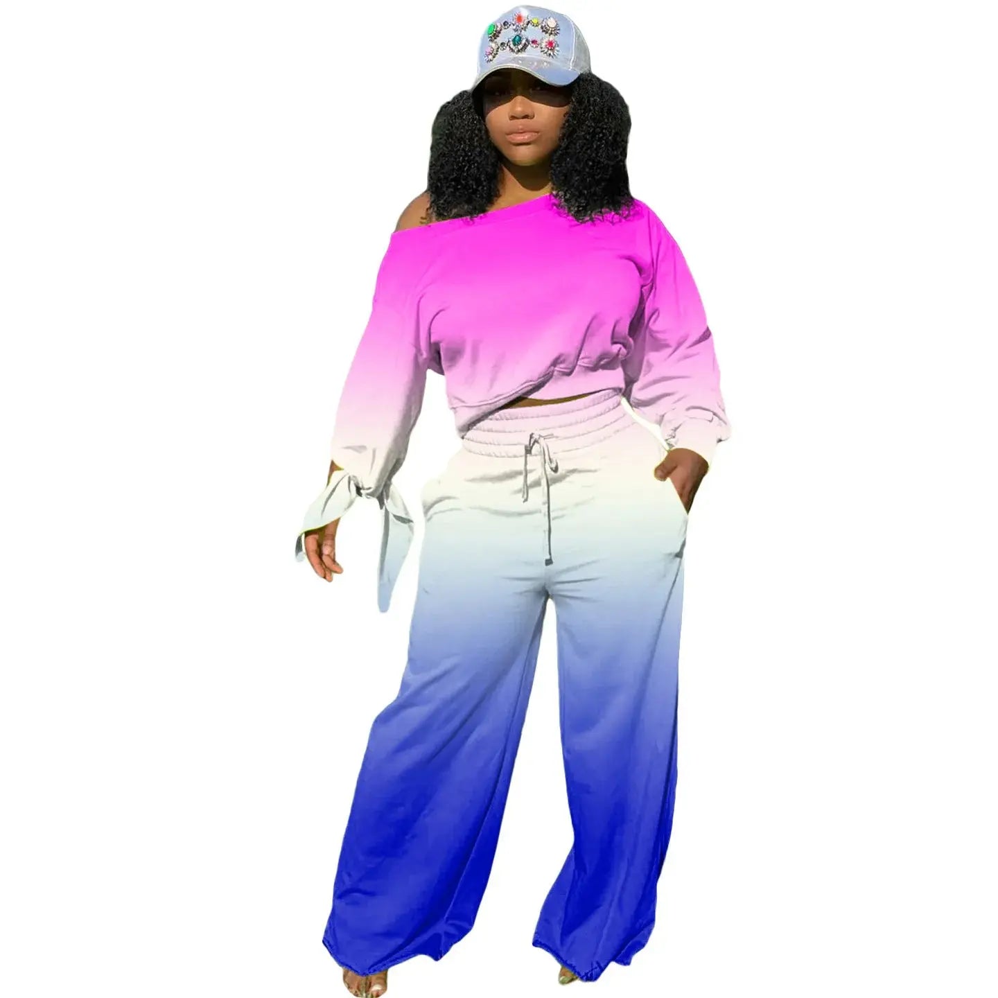 Women's clothing long pants set gradient color trendy long sleeved knotted wide leg pants set autumn and winter styles plus size - Lady T Fashions