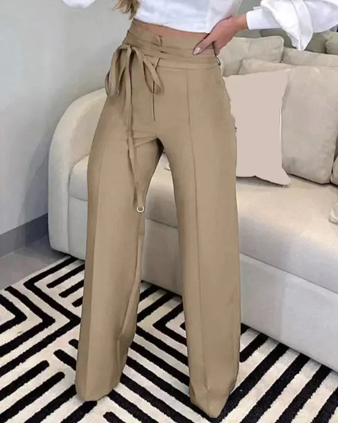 Women's Pants 2023 Spring Fashion Tied Detail Straight Leg Elegant Plain High Waist Long Work Pants Office Lady - Lady T Fashions