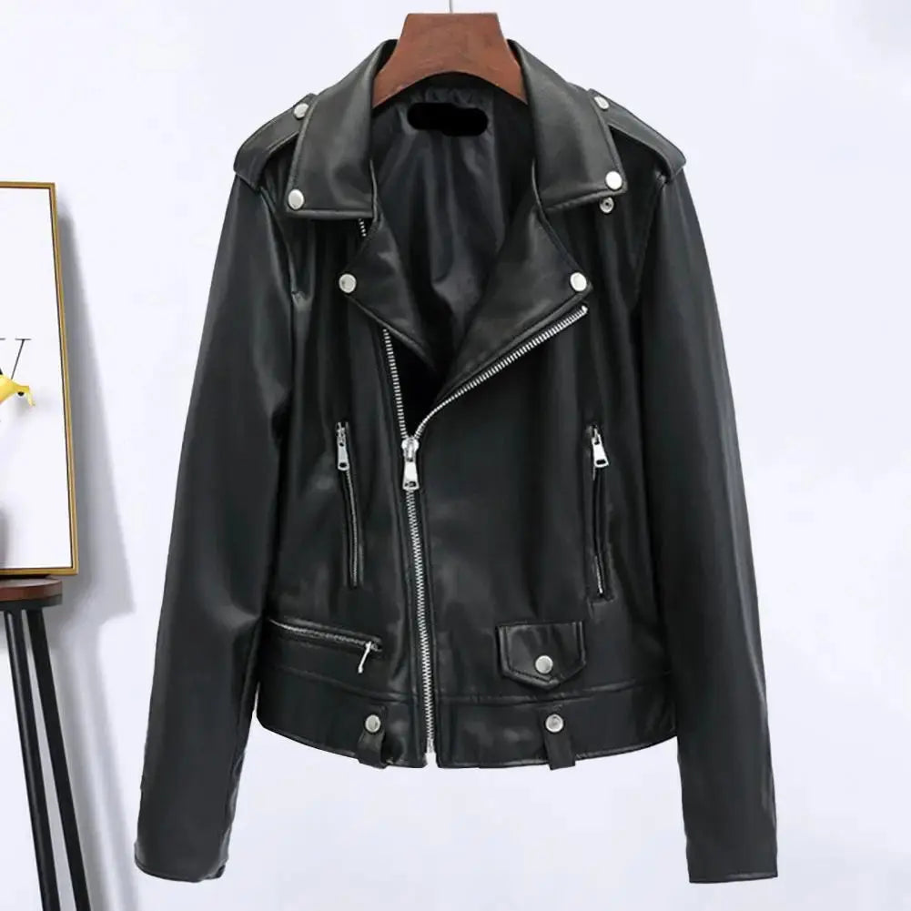 Women Jacket Faux Leather Turn-down Collar Zip-up Zipper jackets Long Sleeves Motorcycle Jacket Coat Travel Motor Outerwear - Lady T Fashions