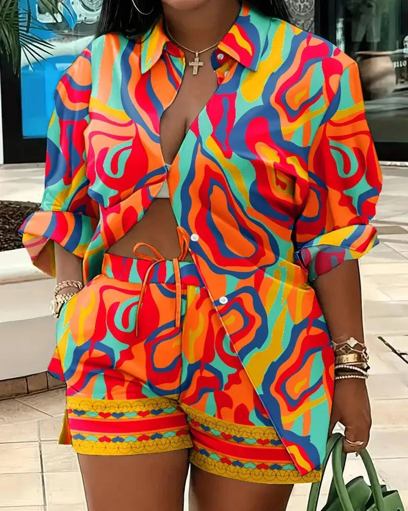 Clothes for Women Fashion Women Long Sleeve Printing Two Piece Sets Womens Outifits Top Short Matching Sets S-3XL Women Clothing - Lady T Fashions