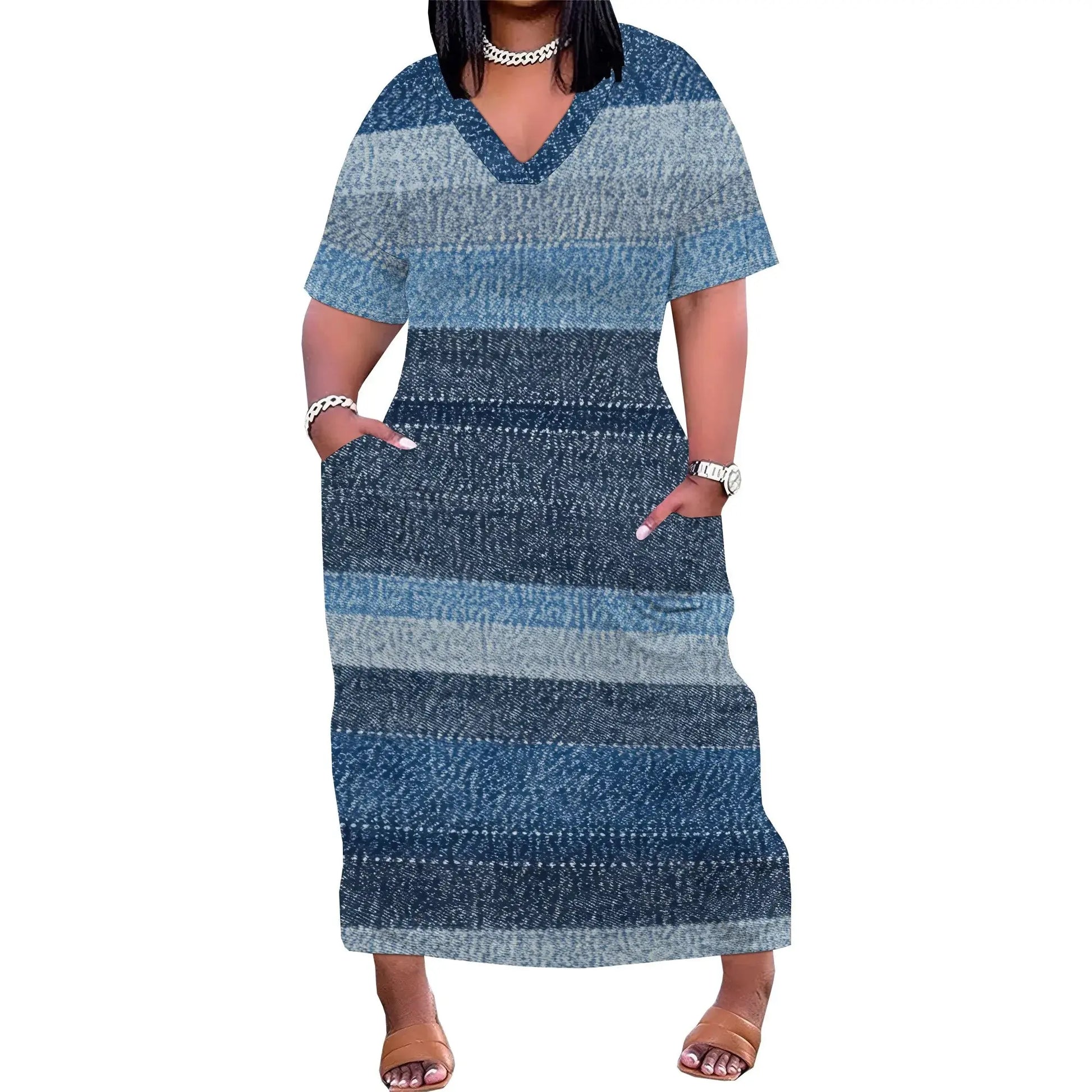 Women's Polyester Denim Style A-Line Midi Dress Light Blue Short Sleeve Casual Work - Lady T Fashions