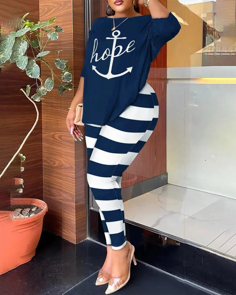 Autumn Women's Clothing New Fashion Print Sexy Backless Round Neck Five Quarter Sleeve Pants Two-piece Casual Comfortable Set - Lady T Fashions
