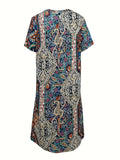 Plus size European and American cross-border spring and summer new casual V-neck printed short sleeve dress - Lady T Fashions