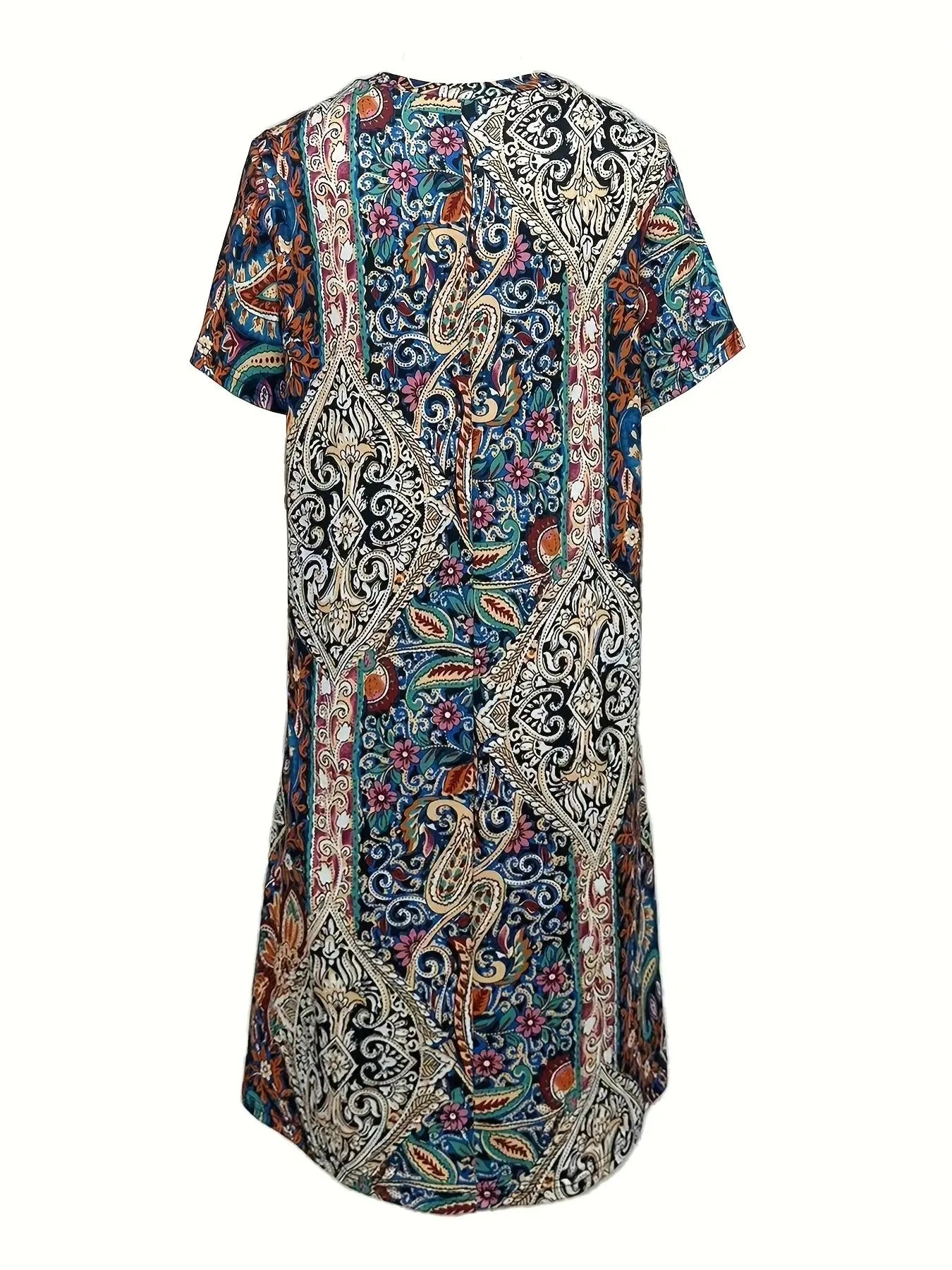 Plus size European and American cross-border spring and summer new casual V-neck printed short sleeve dress - Lady T Fashions