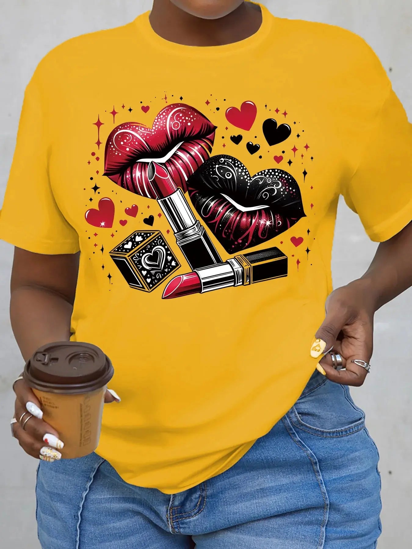 Women Plus Size Clothing Summer Round Neck Short Sleeve Printed Love Lips Lipstick Fashion Plus Size T-Shirts Y2k Top - Lady T Fashions