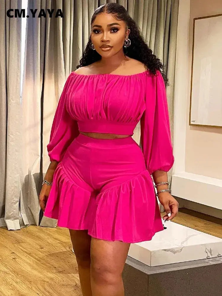 CM.YAYA Plus Size Women's Set Long Sleeve Slash Neck T-Shirt and Shorts 2025 Summer Ruched Two 2 Piece Set Outfits Tracksuit - Lady T Fashions