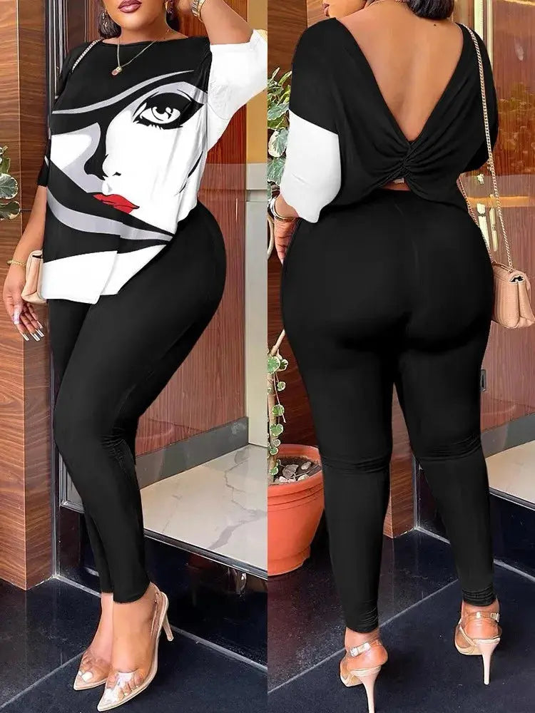 Autumn Women's Clothing New Fashion Print Sexy Backless Round Neck Five Quarter Sleeve Pants Two-piece Casual Comfortable Set - Lady T Fashions