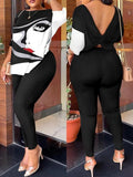 Autumn Women's Clothing New Fashion Print Sexy Backless Round Neck Five Quarter Sleeve Pants Two-piece Casual Comfortable Set - Lady T Fashions
