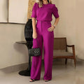 Women Pants Sets Short Sleeve O Neck Pullover Top Wide Leg Pants Loose Two Pieces Pockets Casual Basics Ankle Length Elegant - Lady T Fashions