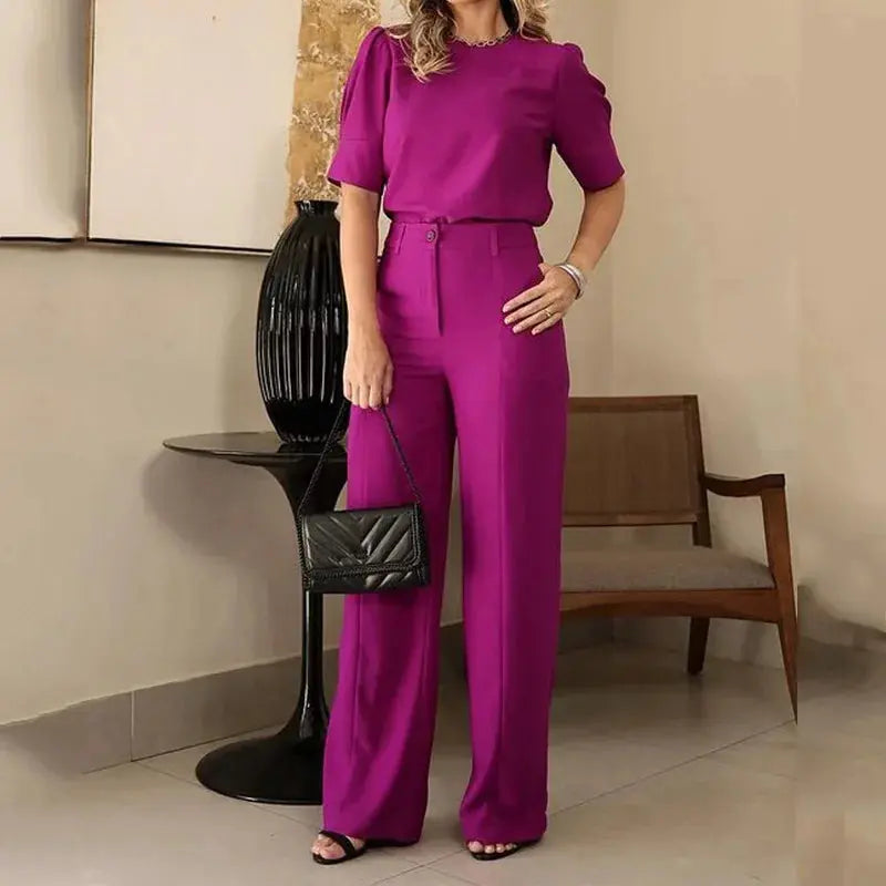 Women Pants Sets Short Sleeve O Neck Pullover Top Wide Leg Pants Loose Two Pieces Pockets Casual Basics Ankle Length Elegant - Lady T Fashions