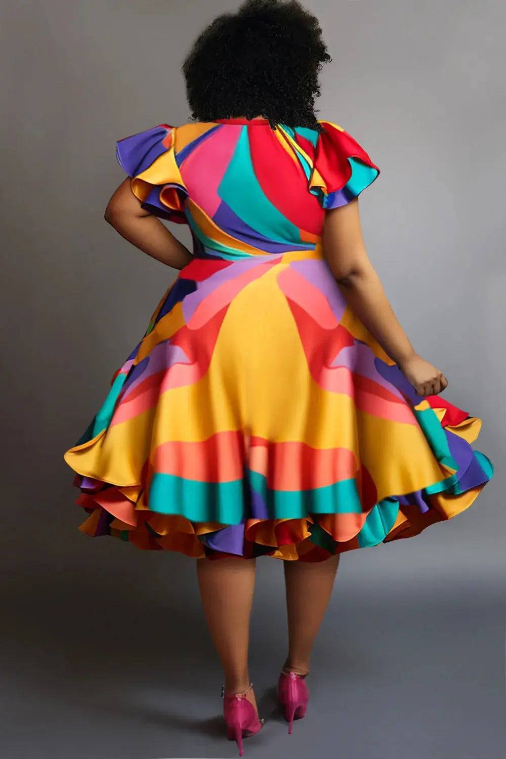 Pleated A-Line Ruffle Dress Plus Size Vintage Multicolor Round Neck Petal Sleeve Short Sleeve Elegant Sweet Satin Midi Dress - Lady T Fashions