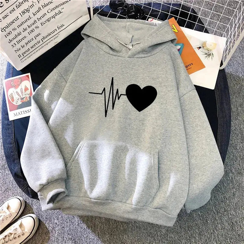 Woman Hooded Sweatshirt Casual Fashion Heart Print Hoodies Ladies Home Outdoor Comfort Warm Pullover Daily Sport Loose Hoody Top - Lady T Fashions