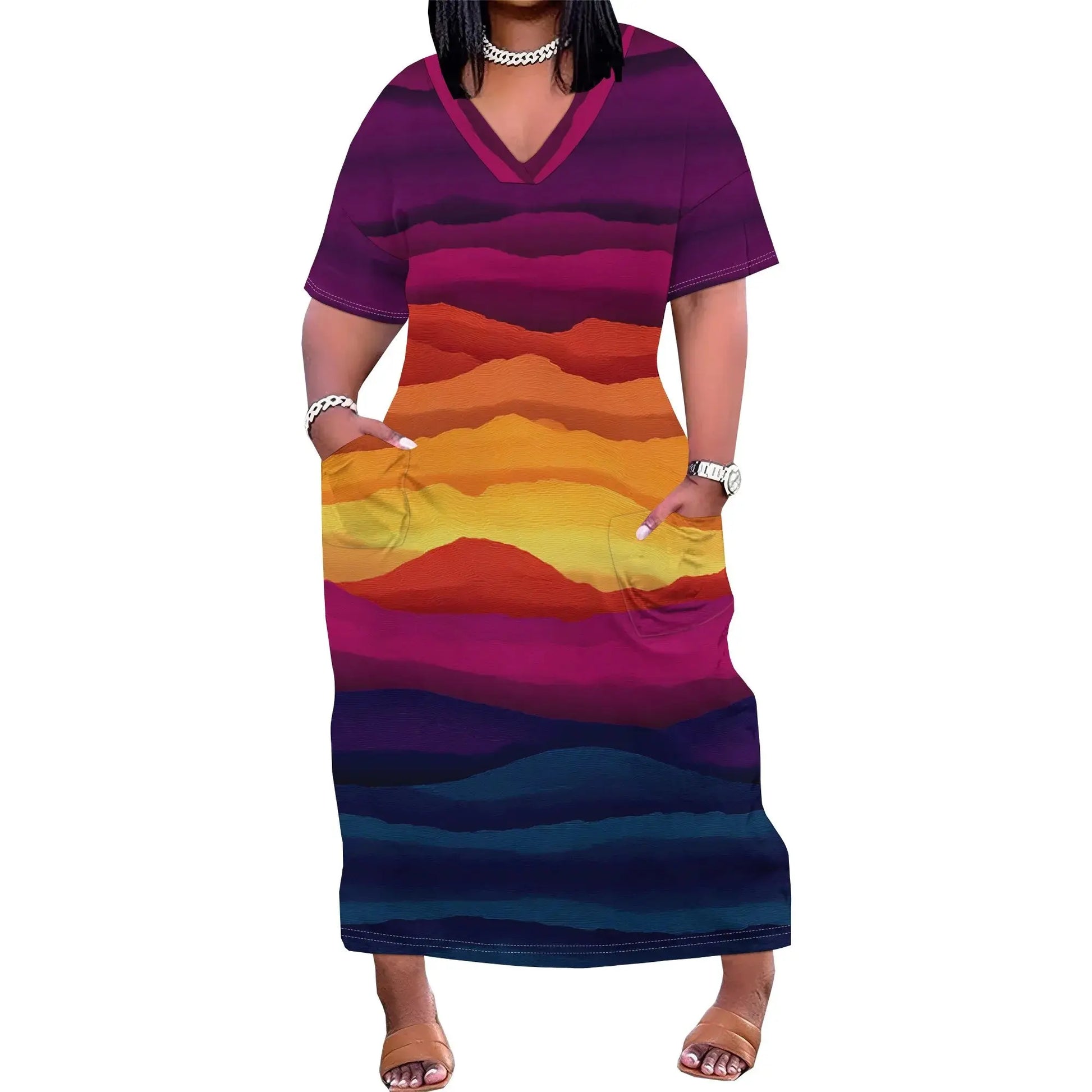 Women's Sunset Stripe Pocket Maxi Dress XL-6XL Loose Fit V-Neck T-Shirt Style for Juneteenth or Pride Streetwear Look - Lady T Fashions