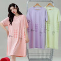 Nightgown Women Pull Racks Cotton Short Sleeves Nightdresses Ladies Home Round Neck Flowers Cartoon Letters Pink Long Skirts - Lady T Fashions