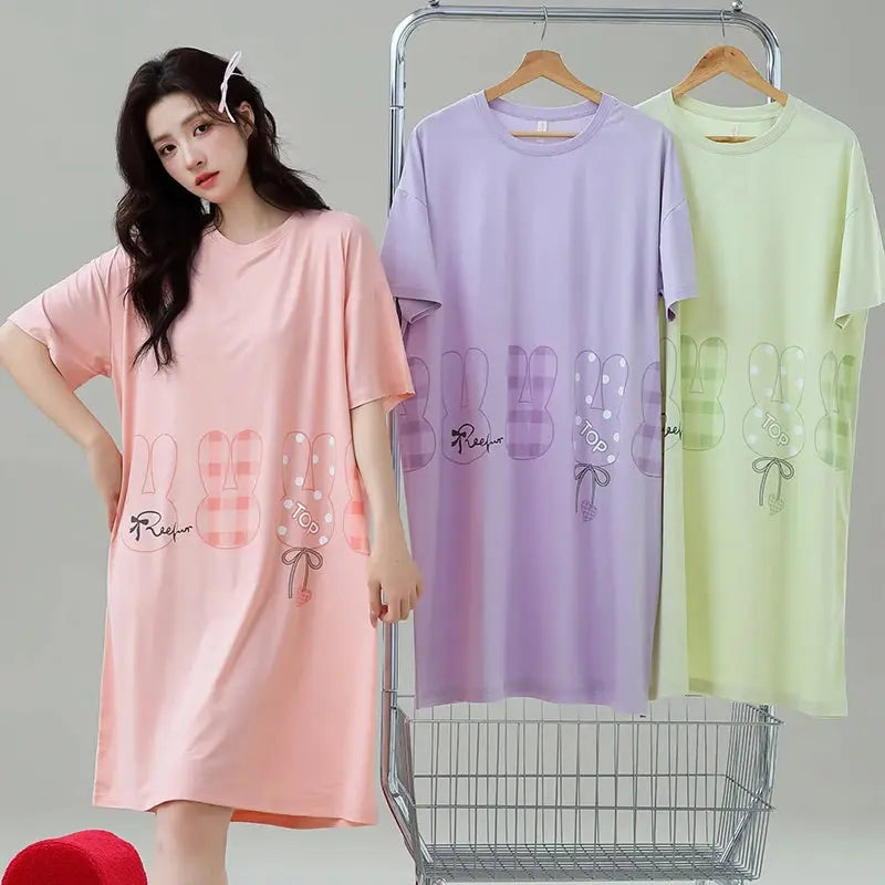 Nightgown Women Pull Racks Cotton Short Sleeves Nightdresses Ladies Home Round Neck Flowers Cartoon Letters Pink Long Skirts - Lady T Fashions