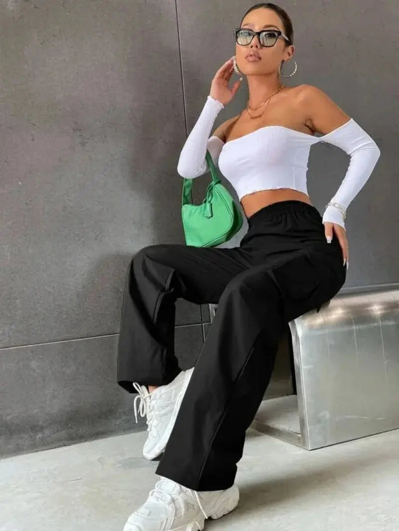 Fashion Women Baggy Joggers Pants Casual Communte Female Chic Straight Cargo Pant Elastic High Waist Elegant Oversized Trousers - Lady T Fashions