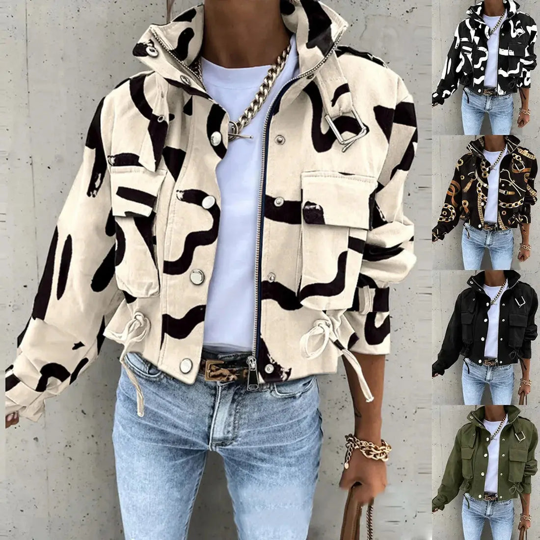 Jackets Women Coats Stand Collar Coat Zipper Print Y2k Tops Streetwear Casual Outerwear Single Breasted Spring Work Jacket - Lady T Fashions