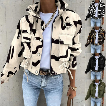 Jackets Women Coats Stand Collar Coat Zipper Print Y2k Tops Streetwear Casual Outerwear Single Breasted Spring Work Jacket - Lady T Fashions