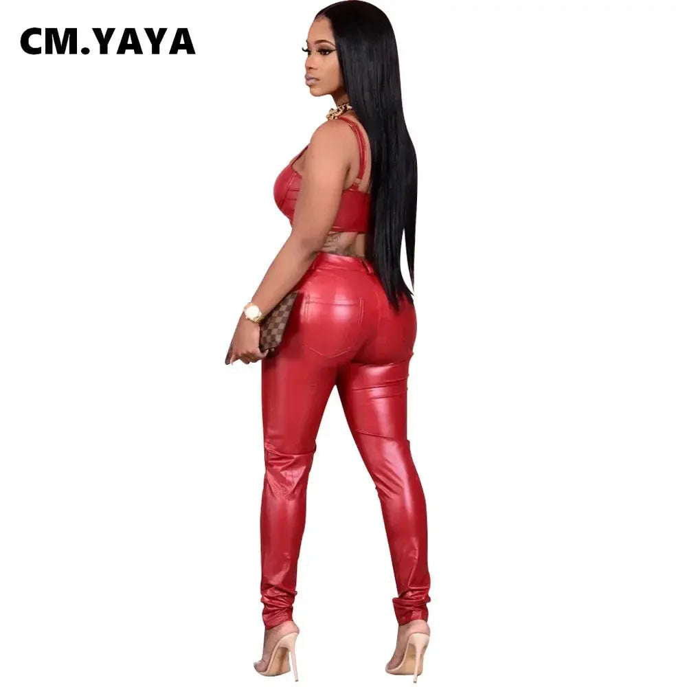 CM.YAYA Fall Winter Faux PU Leather Women Pencil Pants Skinny Bodycon High Waist Zipper Fly Trouser - Lady T Fashions