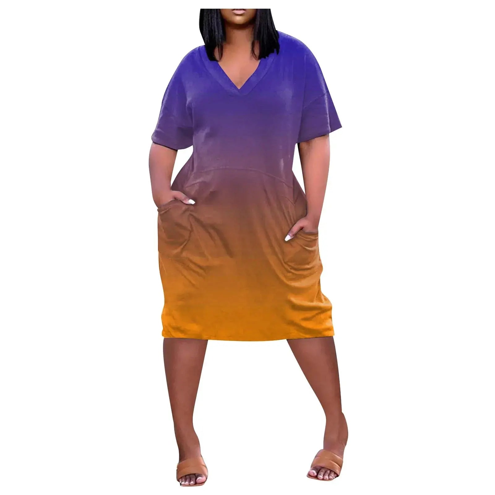 y2k 2025 Summer V Neck Short Sleeve Dress Knee Pocket Casual Daily Dress Harajuku Style Women's Clothing  Plus Size L-5XL - Lady T Fashions