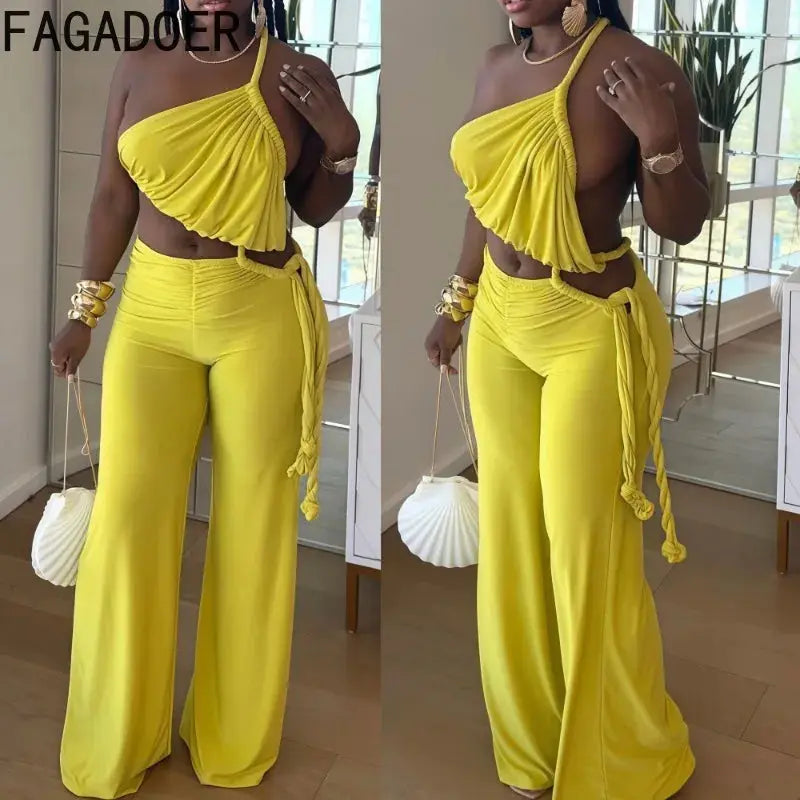 FAGADOER Sexy Ruched Patchwork Bodycon Jumpsuits For Woman Halter Sleeveless Wide-leg Romper Female Streetwear Overalls 2025 New - Lady T Fashions