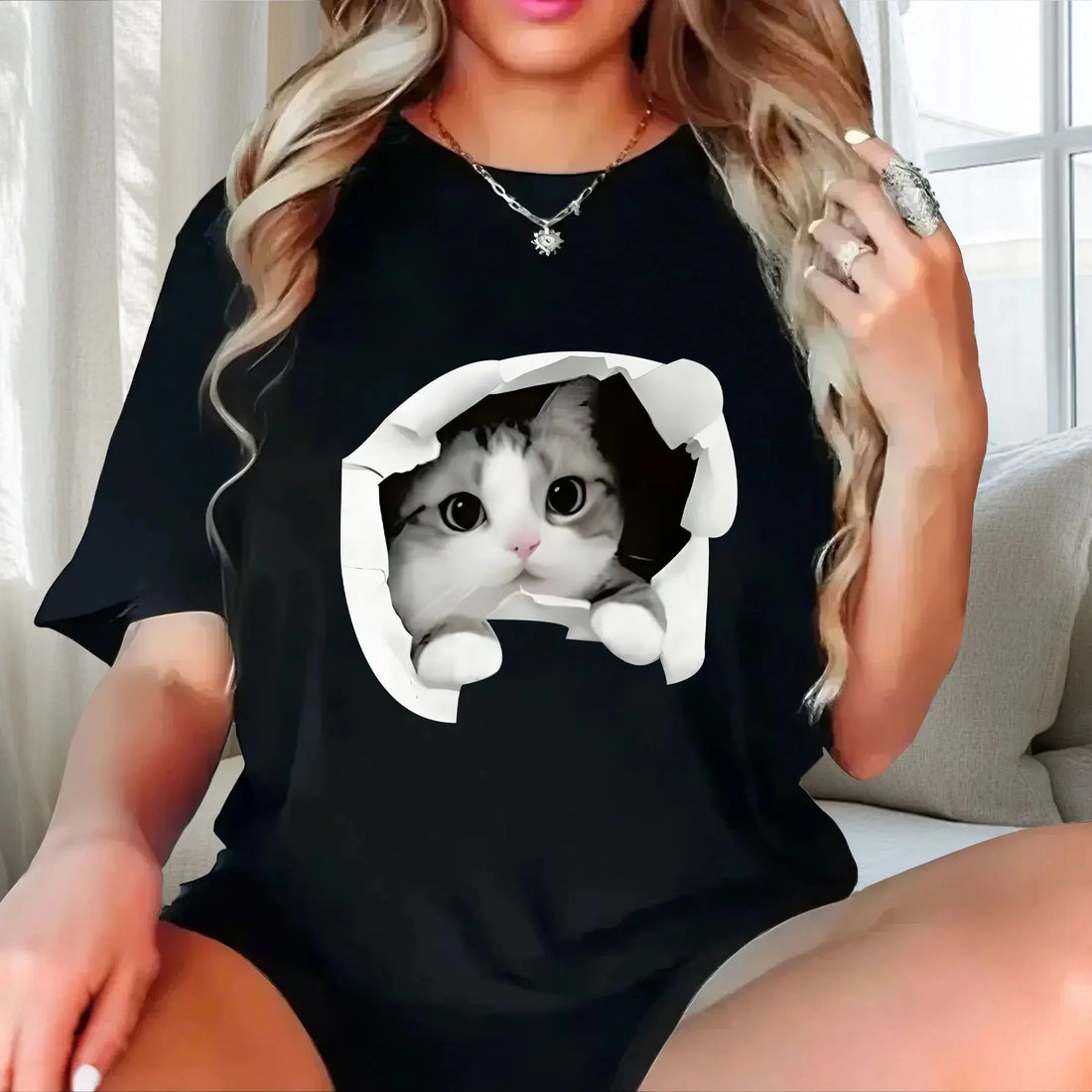 Cartoon cat pattern print plus size Ladies' casual short sleeved T-shirt black - Lady T Fashions