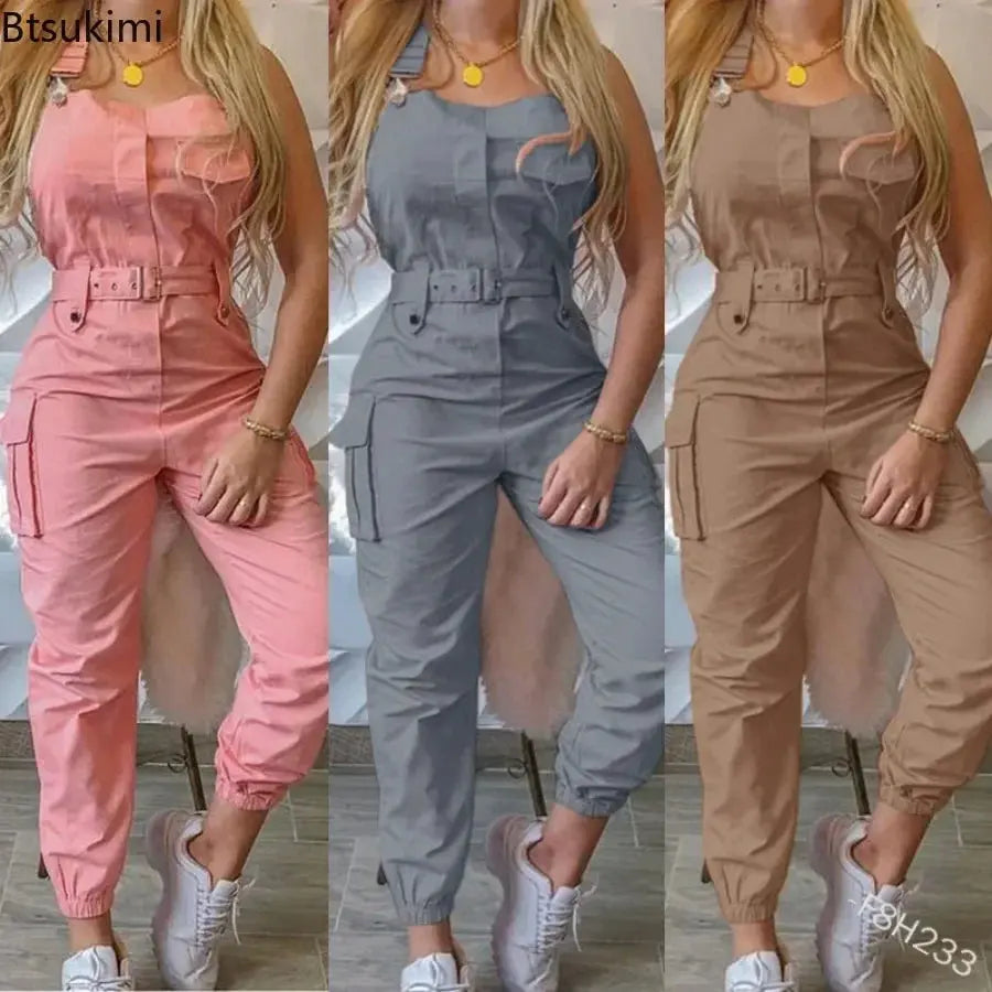 2025 Women's Casual Jumpsuits Cargo Playsuit Sleeveless O Neck Jumpsuit With Pocket and Belt Elegant Pencil Pants Loose Overalls - Lady T Fashions