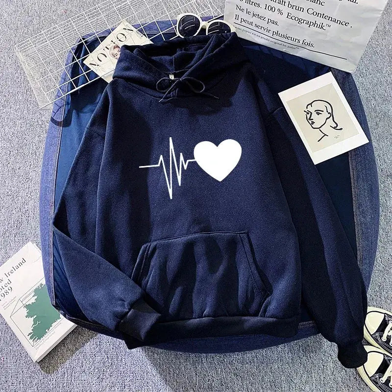 Woman Hooded Sweatshirt Casual Fashion Heart Print Hoodies Ladies Home Outdoor Comfort Warm Pullover Daily Sport Loose Hoody Top - Lady T Fashions