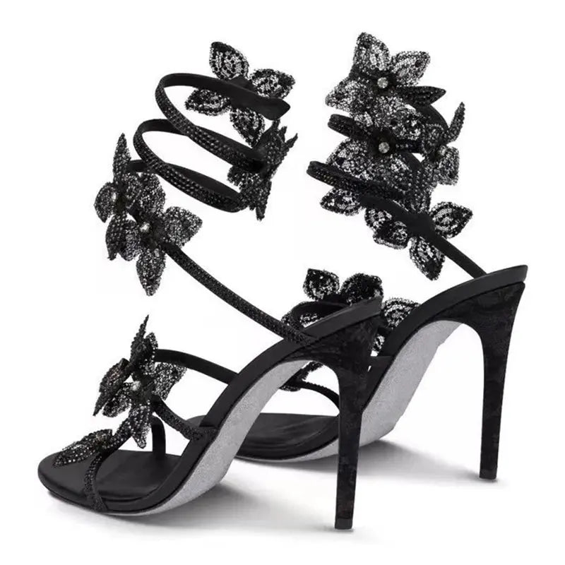 Eilyken Street Style CRYSTAL Flower Thin Heels Women Sandals Sexy Narrow Band Ankle Strap Ladies Shoes Zapatos De Mujer - Lady T Fashions