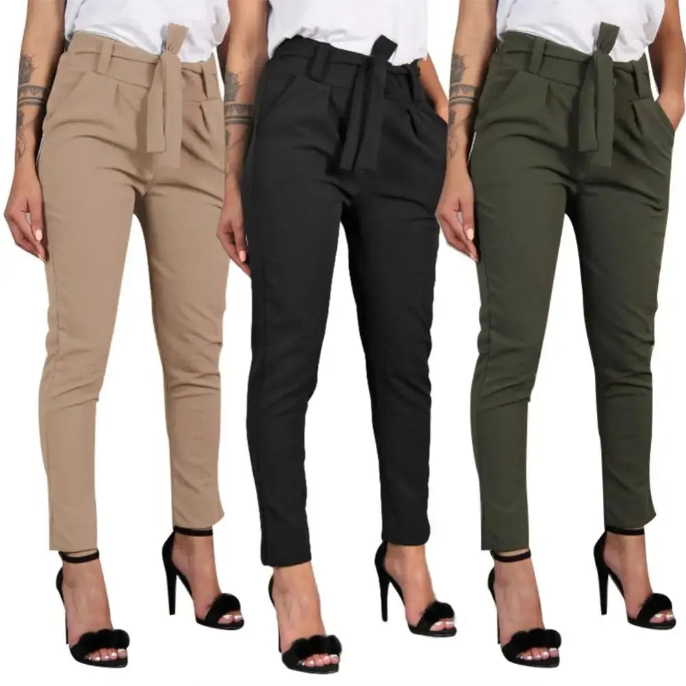 Casual Women Pants Solid Color Belted Elastic High Waist Harem Pants Long Trousers Women's Clothing Lady T Fashions