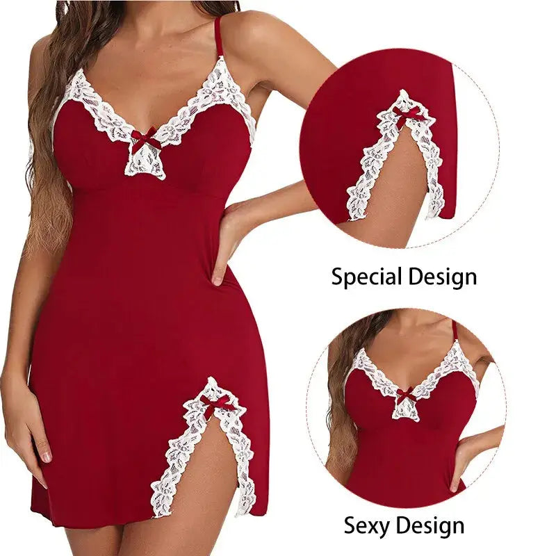 Sexy Sleepwear Women Lace Silk Satin V-Neck Nightgown Split Hem Soft Lingerie Night Dress Sleeveless Sleepwear Female Clothes - Lady T Fashions