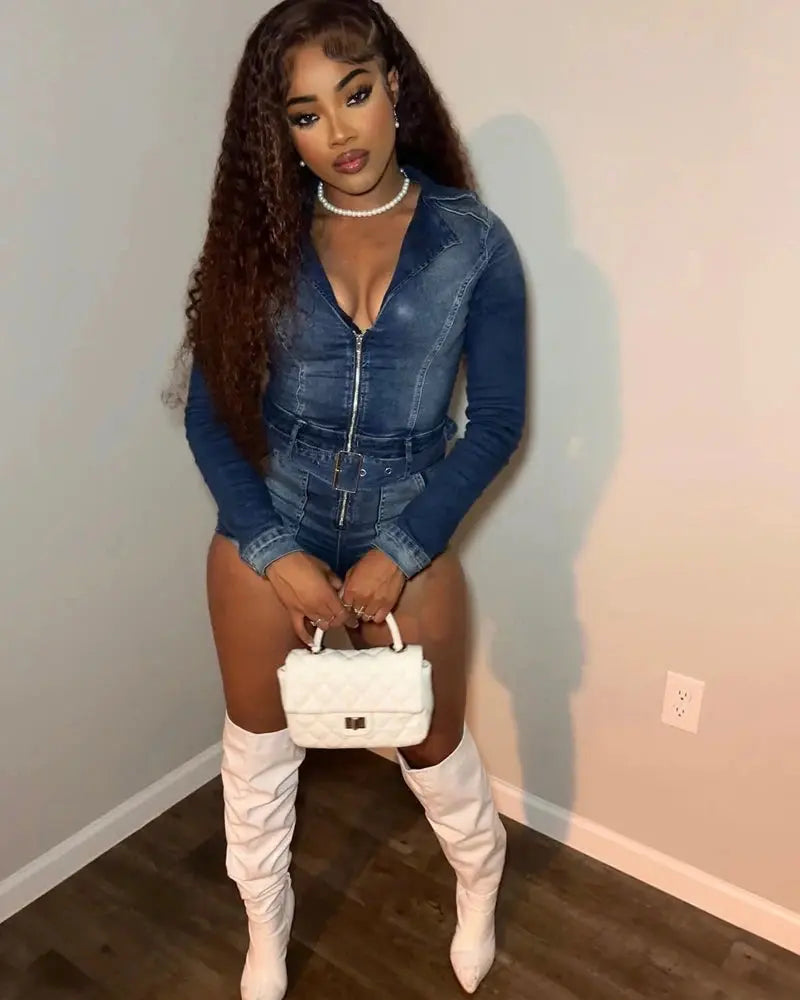 2025 Fashion Women Clothes V-Neck Long Sleeve Belt Denim Short Jumpsuit Summer Y2k Streetwear Casual Party Jean Romper Playsuit - Lady T Fashions