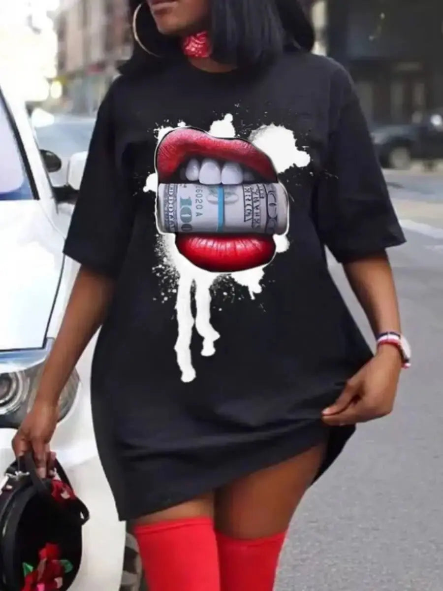 Plus Size Women's Fashion Dresses Outdoor Halter Home Stretchy Nightgowns Sexy Colourful Lips Printed Women's Street Knee Skirt - Lady T Fashions